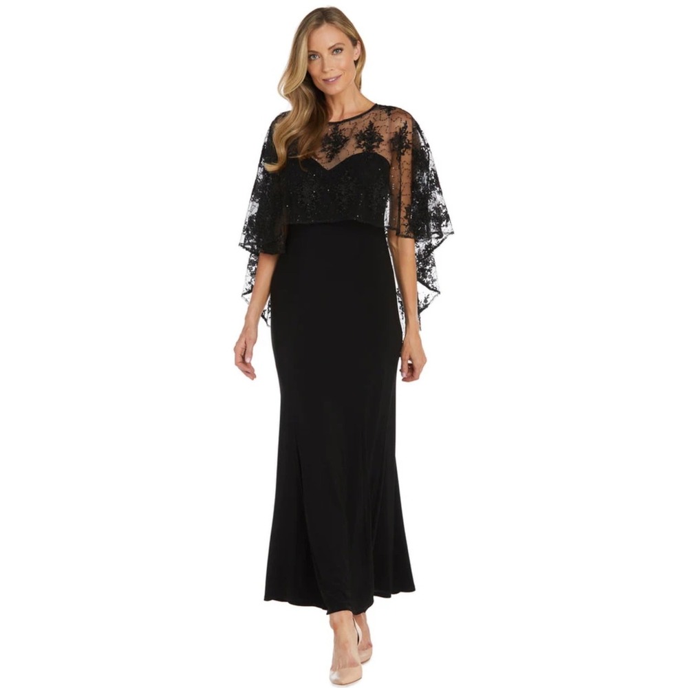 RM Richards Black Lace Capelet Beaded Gown Formal Evening Dress Size 8